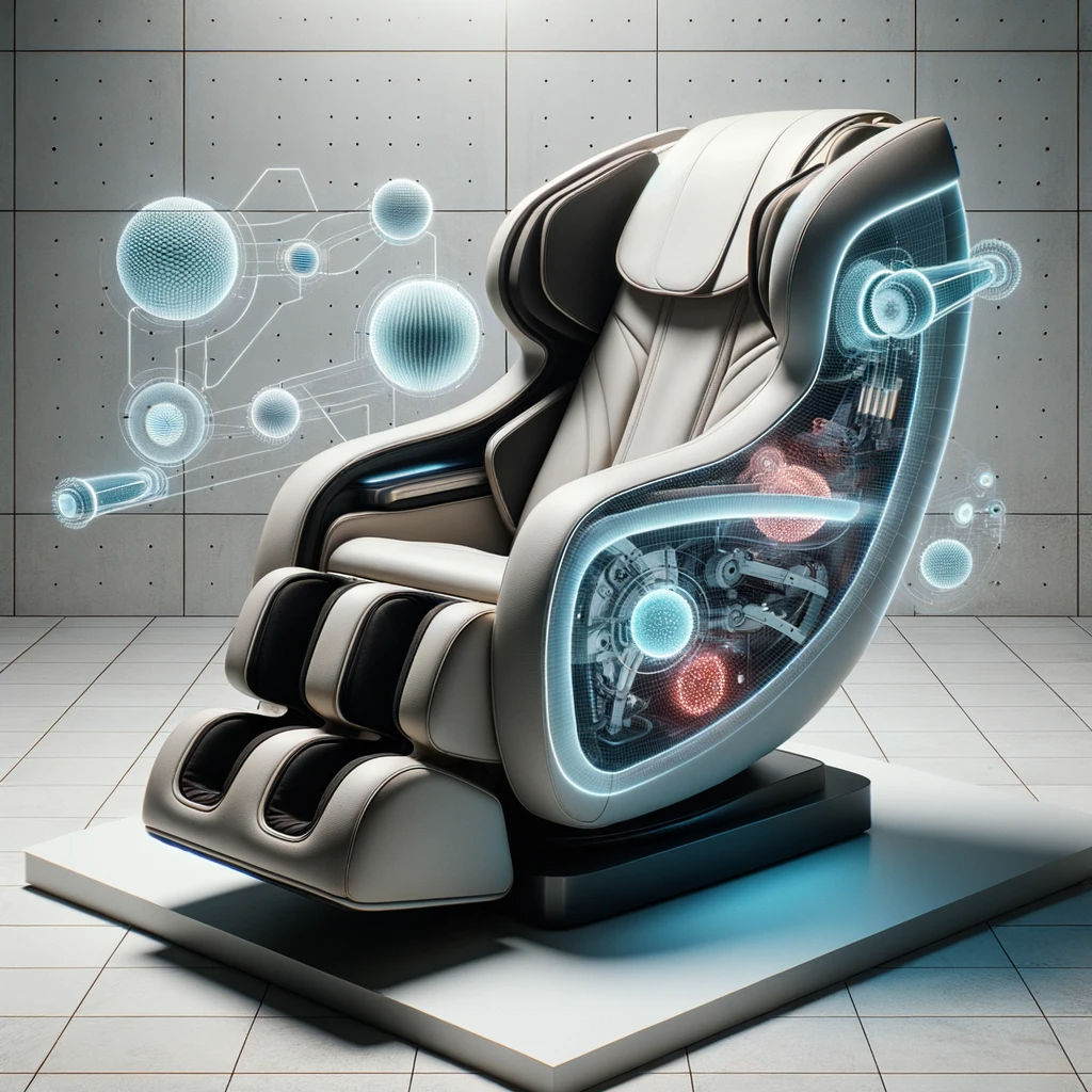 Split-view of a massage chair showcasing exterior and internal mechanisms.