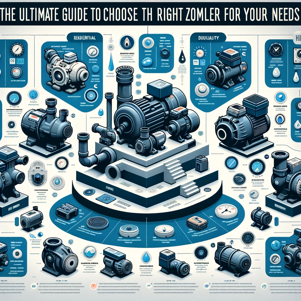 Informative guide showing a range of Zoeller pumps with key features and specifications for various applications, using icons and bullet points for clarity, in blue and gray tones.