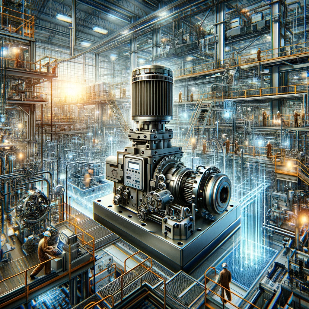 Illustration of a Pioneer Pump system in a modern manufacturing environment, showcasing its integration in optimizing industrial processes with a background of busy workers and automated machinery.